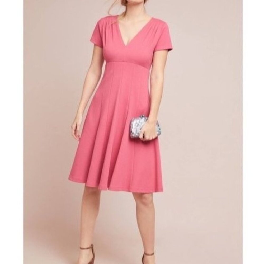 Maeve Pink V-Neck Short Sleeve Fit-and-Flare Dress